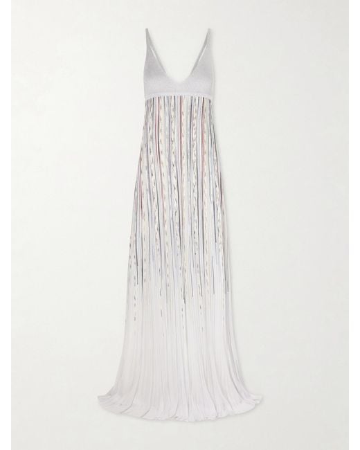 Missoni White Pleated Striped Metallic Ribbed-Knit Maxi Dress