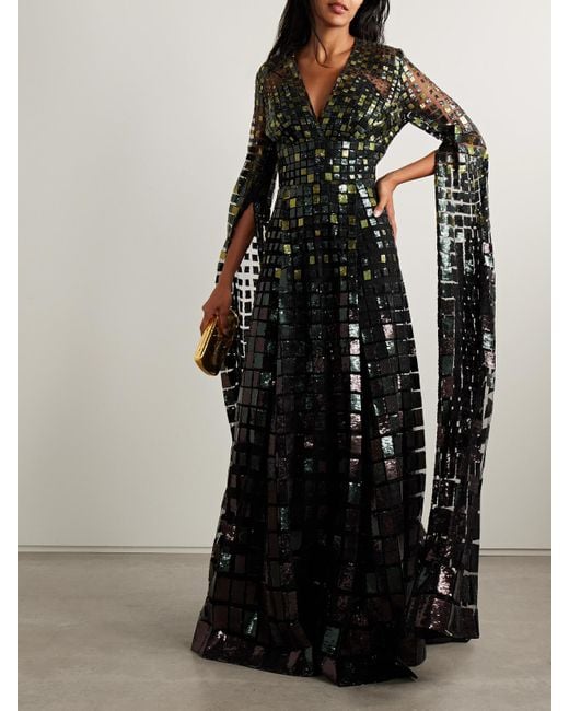 Robe Du Soir En Tulle À Sequins Elie Saab en coloris Black