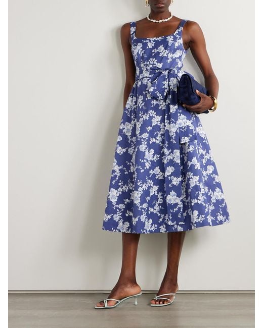 Carolina Herrera Blue Belted Floral-Print Faille Midi Dress