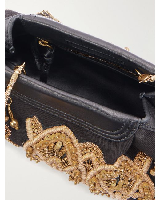 Dries Van Noten Black Bead-Embellished Embroidered Leather-Trimmed Cotton-Twill Clutch