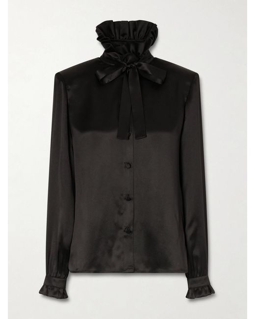 Gucci Black Pussy-Bow Ruffled Silk-Satin Blouse