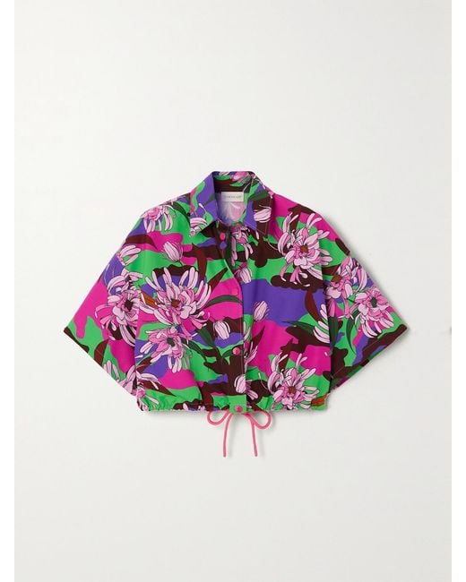 Moncler Pink Cropped Floral-Print Cotton-Poplin Shirt