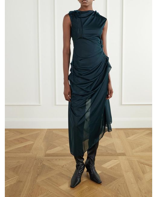 PAULINE DUJANCOURT Blue Najia Floral-Appliquéd Gathered Asymmetric Jersey Midi Dress