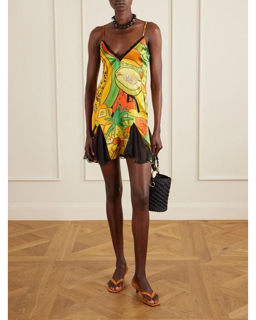 Donde Esteban Yellow Frutas Ruffled Lace-Trimmed Printed Silk-Blend Satin And Chiffon Mini Dress