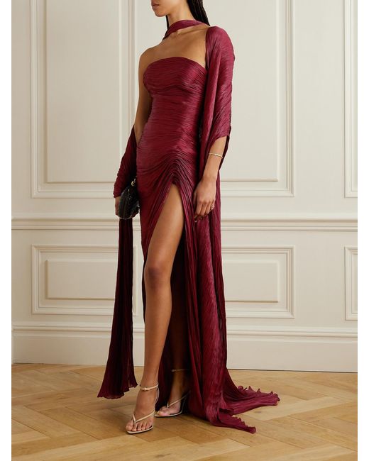 Marmar Halim Red Strapless Plissé Silk-Satin Gown And Cape