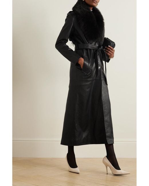 Nour Hammour Black Dakota Belted Shearling-Trimmed Leather Coat