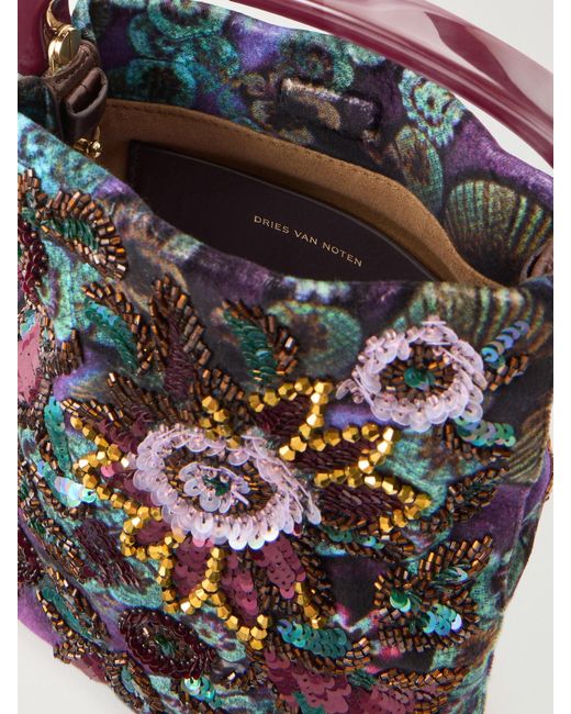Dries Van Noten Black Bead-Embellished Printed Leather-Trimmed Velvet Tote