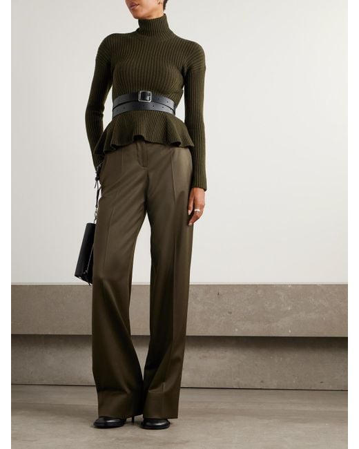 Max Mara Green Ribbed Wool-Blend Turtleneck Peplum Sweater