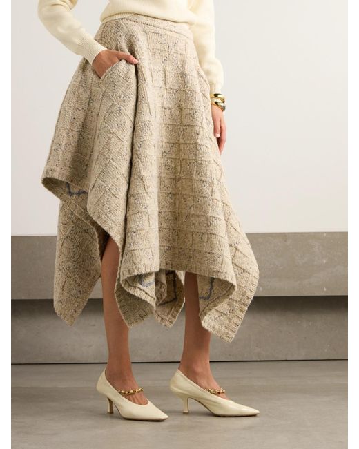 Bottega Veneta Natural Checked Knitted Wool Midi Skirt