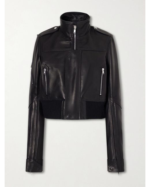Rick Owens Black Cropped Leather Biker Jacket
