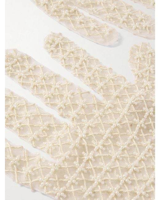 Clio Peppiatt Natural Pearl-Like Embellished Embroidered Tulle Gloves
