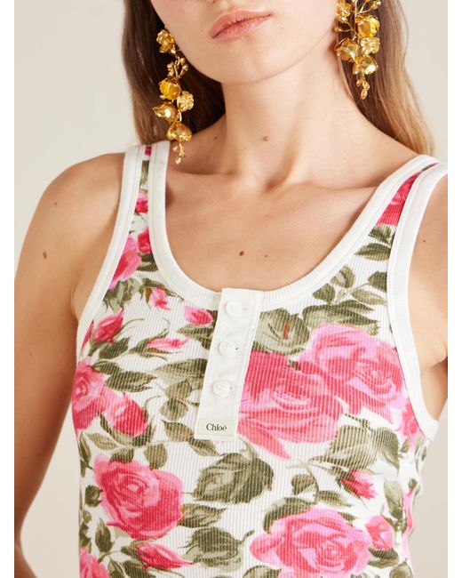 Chloé Pink Floral-Print Ribbed Stretch-Cotton Jersey Tank