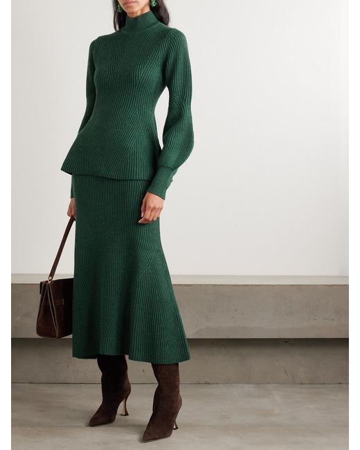 Zimmermann Green Ribbed Wool Midi Skirt