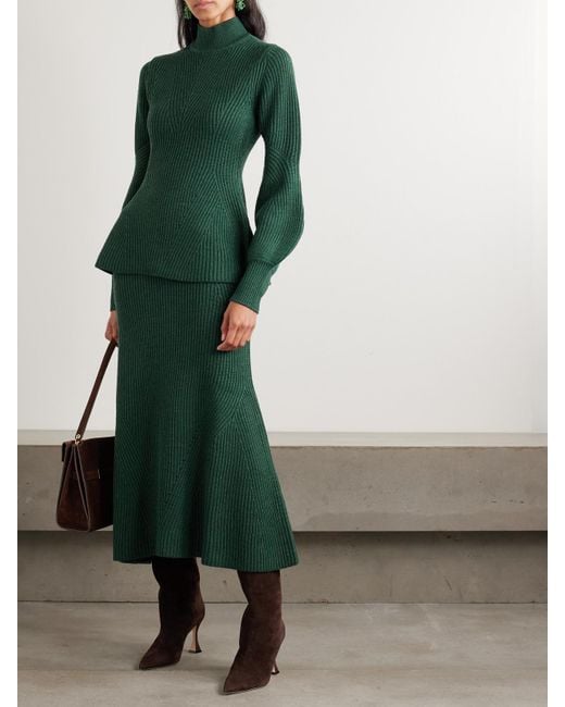 Zimmermann Green Ribbed Wool Midi Skirt