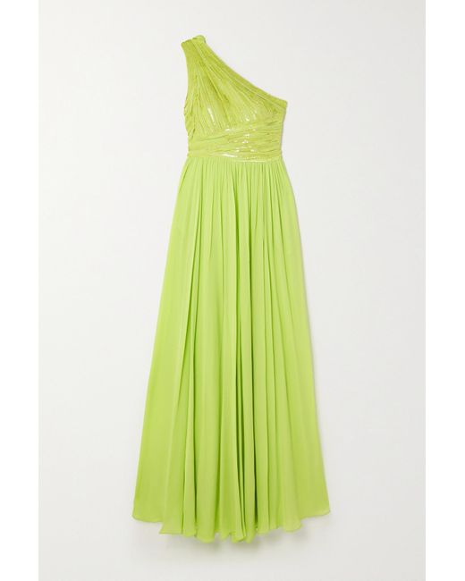 Elie Saab One-shoulder Sequin-embellished Silk-blend Gown in Yellow - Lyst