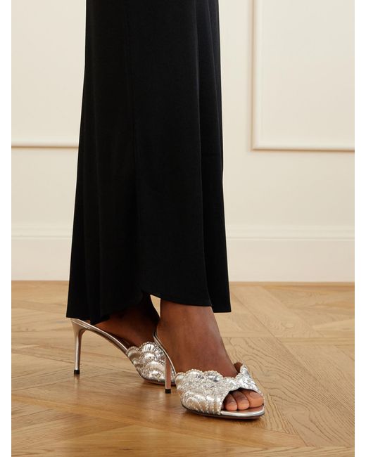 Aquazzura Natural Ce Soir 75 Embellished Metallic Leather Mule