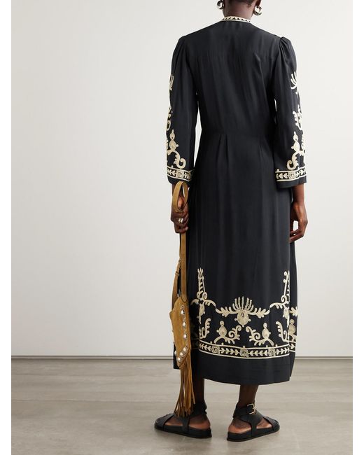 Isabel Marant Black Embroidered Pleated Crepe Midi Dress