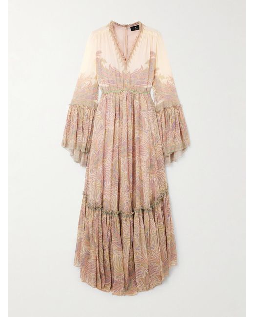 Etro Natural Tiered Ruffled Printed Silk-Crepon Maxi Dress