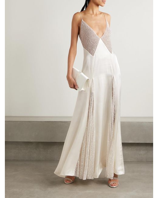 Kiki de Montparnasse White Ange Paneled Embellished Leavers Lace And Satin Gown