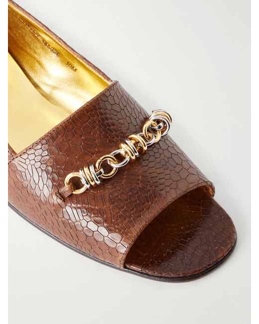 Tory Burch Brown Chain-Detail Croc-Effect Leather Loafers