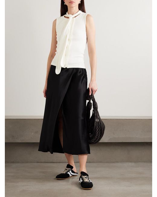 Lemaire Natural Tie-Neck Ribbed Stretch-Cotton And Linen-Blend Jersey Top