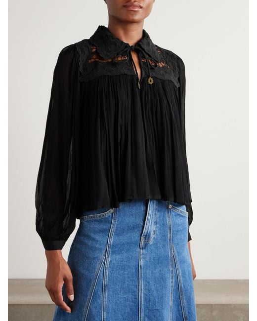 Sea Black Daphne Lace-Trimmed Crinkled Crepon Blouse