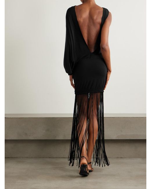 Faithfull The Brand Black Colmar Asymmetrisches Kleid Aus Stretch-Jersey Mit Raffungen Und Fransen