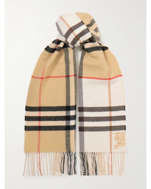 Burberry Natural Fringed Checked Cashmere Scarf