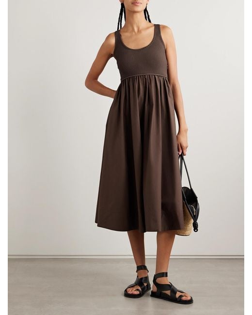 Zimmermann Brown Ribbed-Knit And Cotton-Poplin Midi Dress