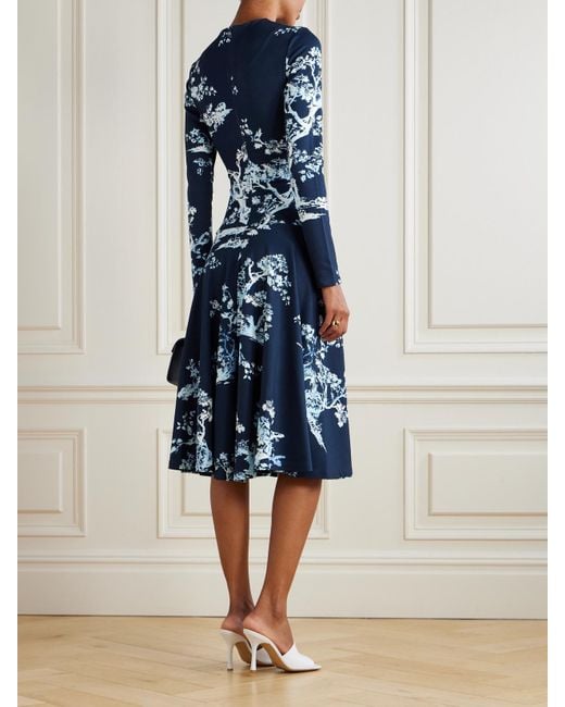 Erdem Blue Midikleid Aus Bedrucktem Ponte Mit Raffungen