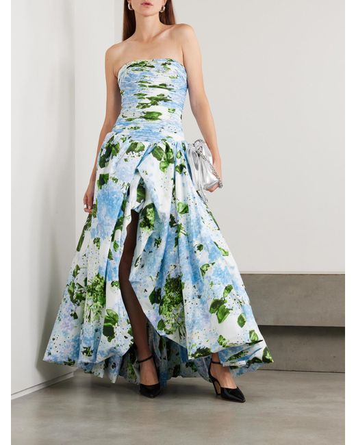 Aje. Blue Behold Trägerlose Robe Aus Baumwollpopeline Mit Blumenprint Und Raffungen