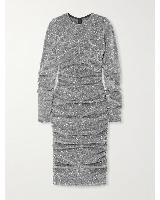 Dolce & Gabbana Gray Ruched Sequined Metallic Stretch-Tulle Midi Dress