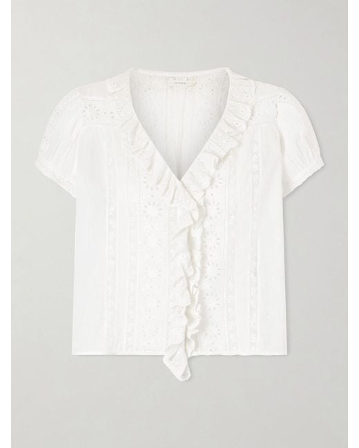 Doen White Clairette Cropped Ruffled Lace-Trimmed Organic Cotton-Voile Top