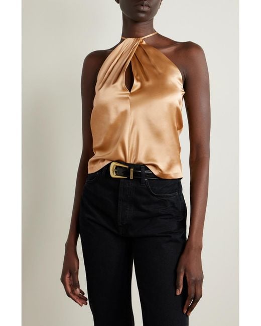 Nili Lotan Natural Edwige Gathered Silk-Satin Halterneck Top