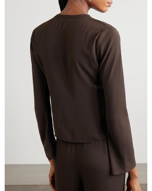 SARA CRISTINA Brown Nerea Pearl-Embellished Recycled Silk-Georgette Top