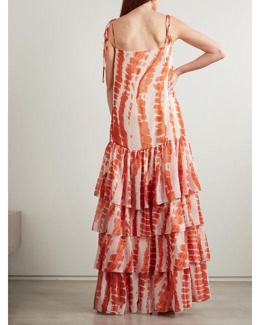 ANDRES OTALORA White Tha Embellished Tiered Printed Recycled-Chiffon Maxi Dress