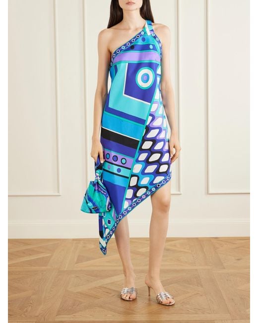 Emilio Pucci Blue Printed Asymmetric One-Shoulder Silk-Twill Dress