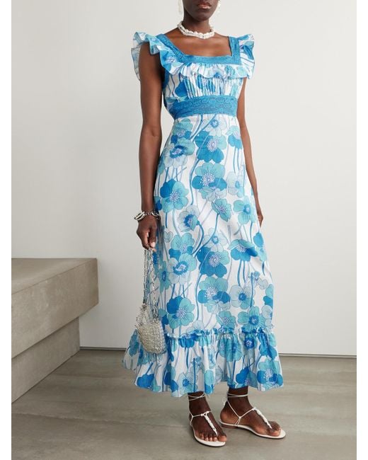 Loretta Caponi Blue Margherita Maxikleid Aus Seiden-Voile Mit Blumensprint Und Spitzenbesätzen
