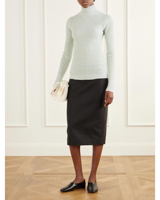 Auralee White Ribbed Cashmere Turtleneck Sweater