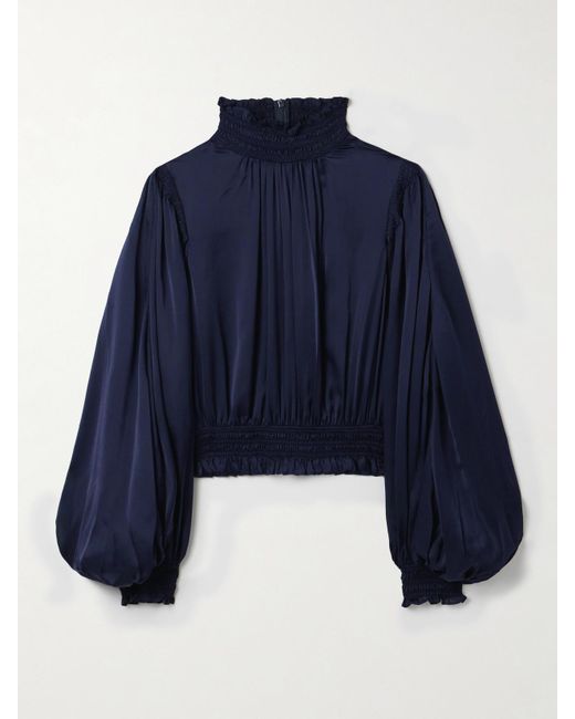 Zimmermann Blue Dream Cropped Shirred Silk-Satin Blouse