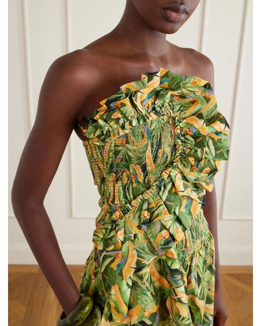 Farm Rio Green Strapless Ruched Cotton Tank