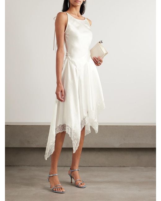 Acne White Doyla Belted Asymmetric Scalloped Lace-Trimmed Hammered-Satin Midi Dress