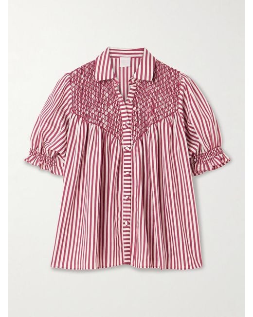 Loretta Caponi Pink Milvia Smocked Striped Satin Blouse