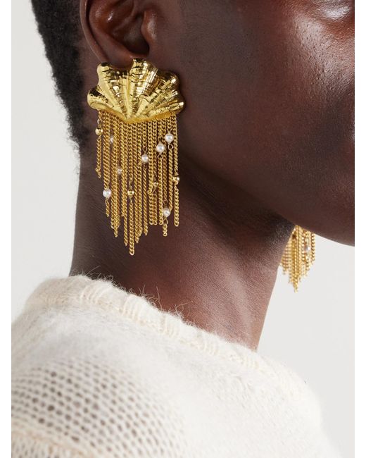 Chloé Metallic Shells Fringed-Tone Faux Pearl Clip Earrings