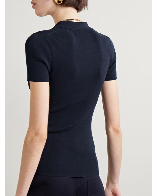 Nili Lotan Blue Solana Ribbed Cotton Polo Top