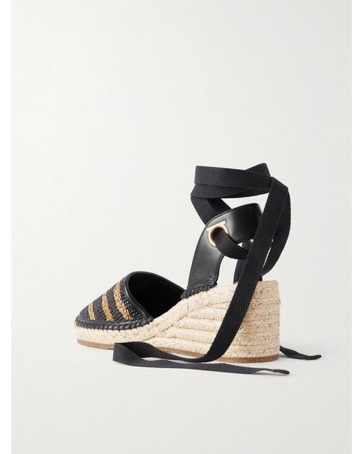 Ferragamo Black Zanta Zebra 70 Leather-Trimmed Woven Raffia Espadrillas Wedge