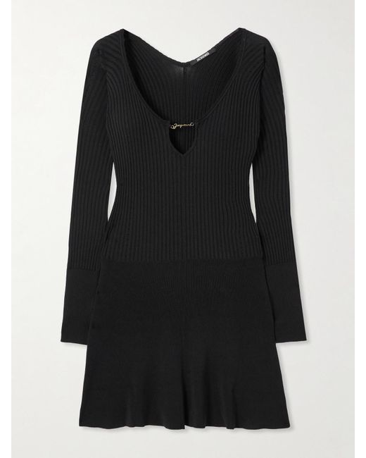 Jacquemus La Mini Robe Pralù Ribbed-Knit Mini Dress in Black Jacquemus La Mini Robe Pralù Ribbed-Knit Mini Dress in Black
