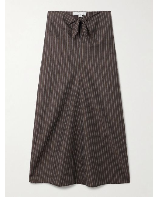 Abadia Gray Tie-Detailed Pinstriped Linen-Blend Midi Skirt