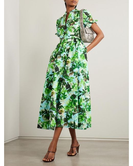 Saloni Green Ena Belted Printed Cotton Midi Dress
