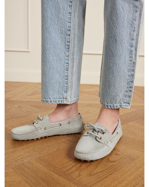 Tod's White Gommino Suede Boat Shoes